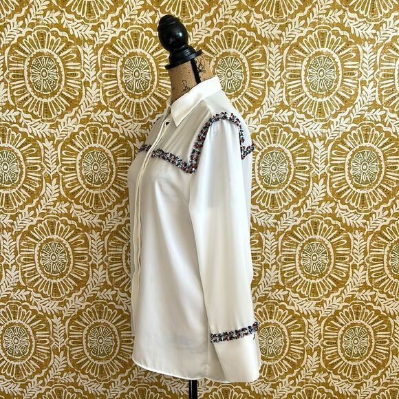 Zara Combination Textured Tweed Trim Chiffon Button Down Shirt in White size S - Picture 13 of 16